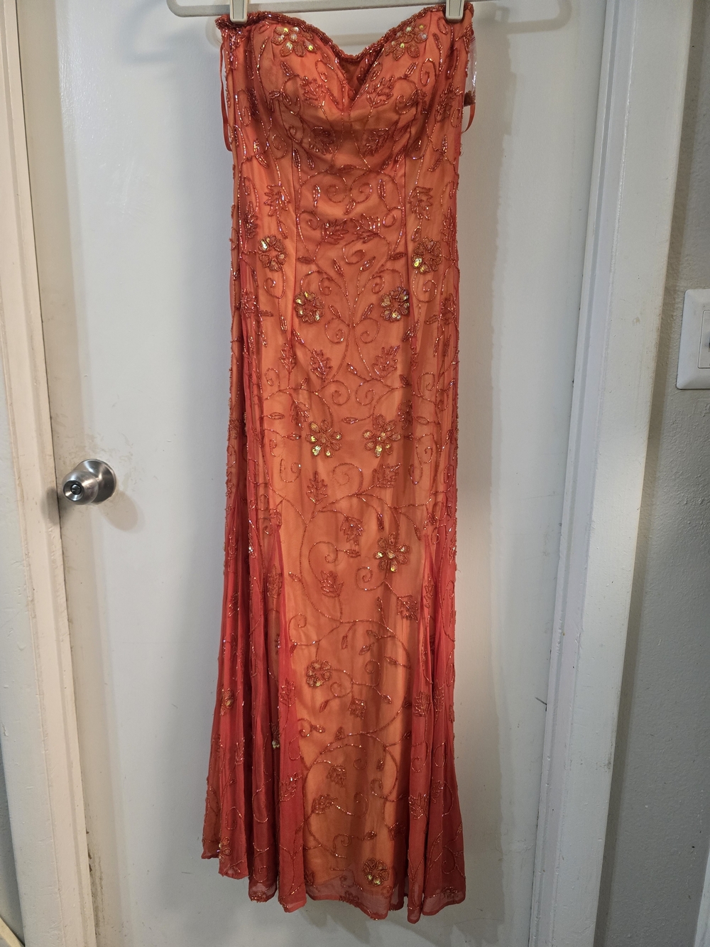 Strapless Beaded Orange Evening Gown Cache